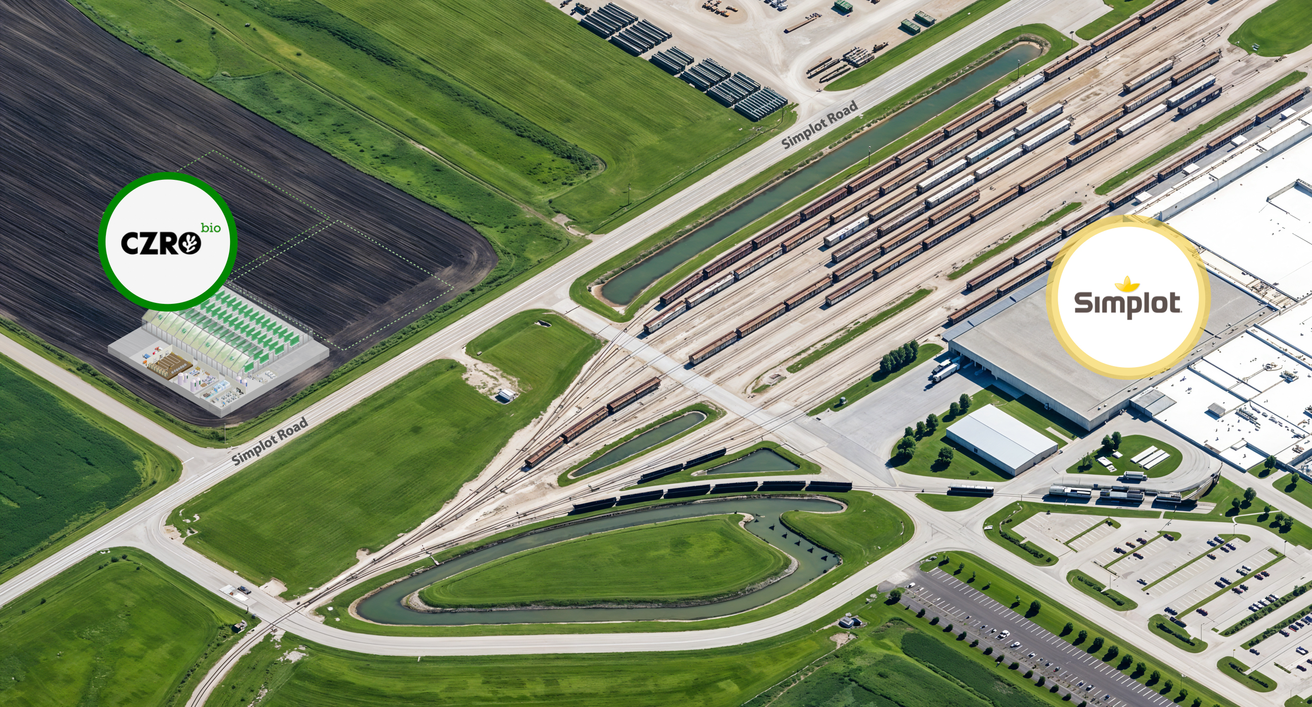 Proposed site of CZRO Bio’s Manitoba expansion alongside the Simplot facility, where the project is planned to integrate industrial waste streams into large-scale microalgae production.